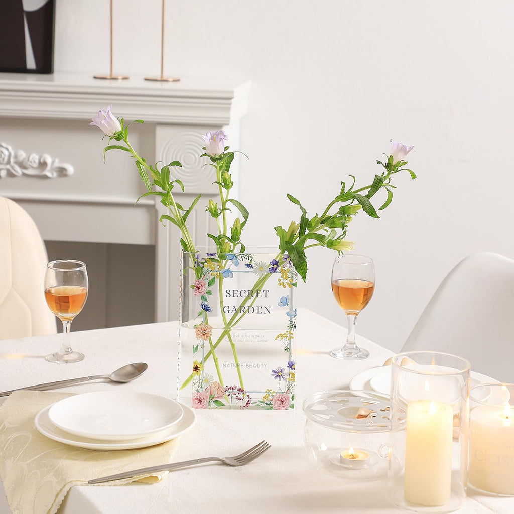 Book Vase, Acrylic Book Vase for Flowers, Book Flower Vase Clear, Book Shaped Vase, A Book About Flowers Vase, Modern Decorative Vase for Home, Office, Bedroom, Living Room, Dining Table - Grand Goldman