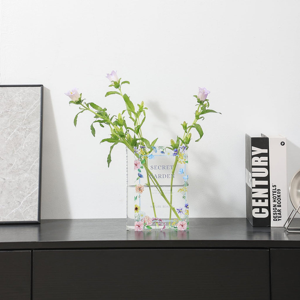 Book Vase, Acrylic Book Vase for Flowers, Book Flower Vase Clear, Book Shaped Vase, A Book About Flowers Vase, Modern Decorative Vase for Home, Office, Bedroom, Living Room, Dining Table - Grand Goldman