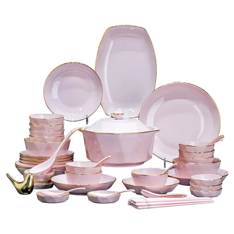 Bowl and dish set, ceramic tableware, powder gold, light luxury, hand-painted diamond bowl - Grand Goldman