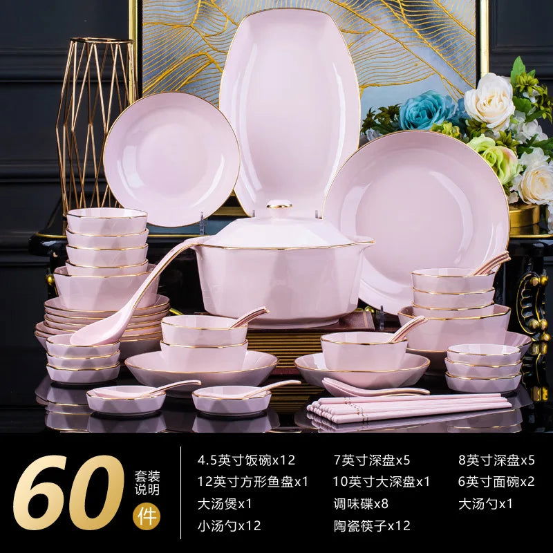 Bowl and dish set, ceramic tableware, powder gold, light luxury, hand-painted diamond bowl - Grand Goldman