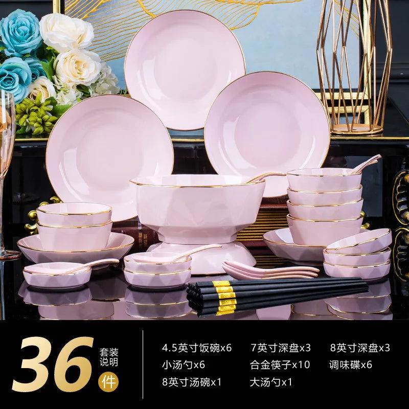 Bowl and dish set, ceramic tableware, powder gold, light luxury, hand-painted diamond bowl - Grand Goldman