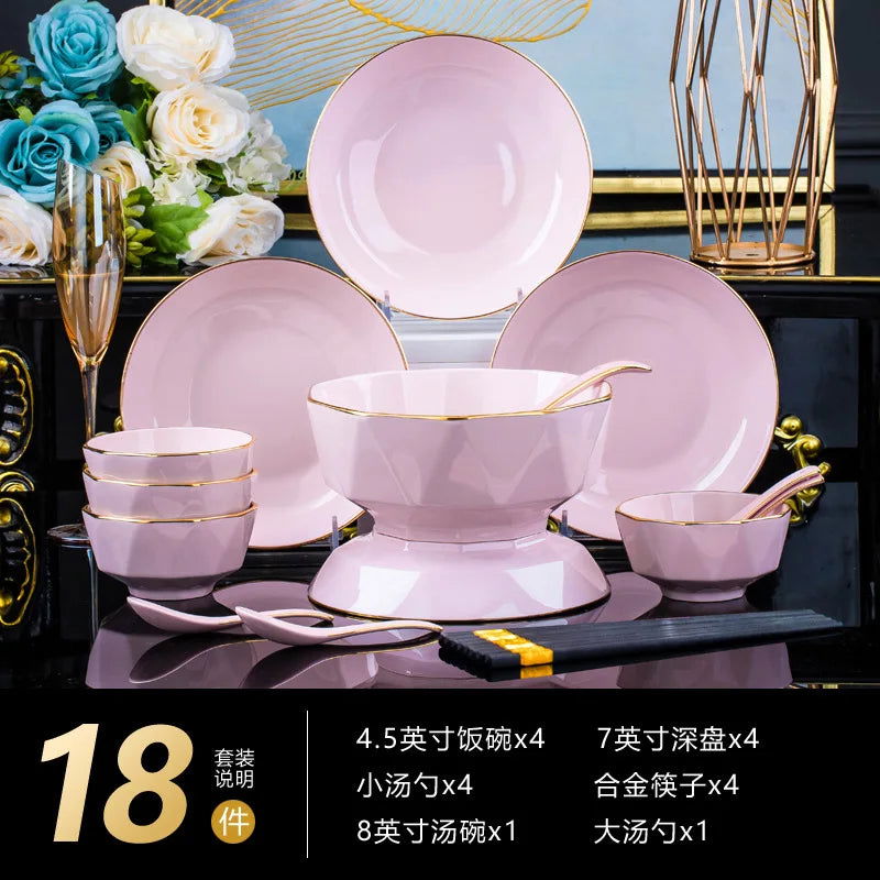 Bowl and dish set, ceramic tableware, powder gold, light luxury, hand-painted diamond bowl - Grand Goldman