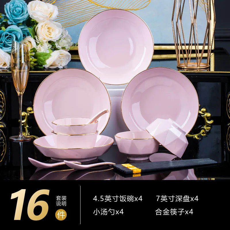 Bowl and dish set, ceramic tableware, powder gold, light luxury, hand-painted diamond bowl - Grand Goldman