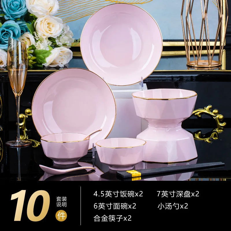 Bowl and dish set, ceramic tableware, powder gold, light luxury, hand-painted diamond bowl - Grand Goldman