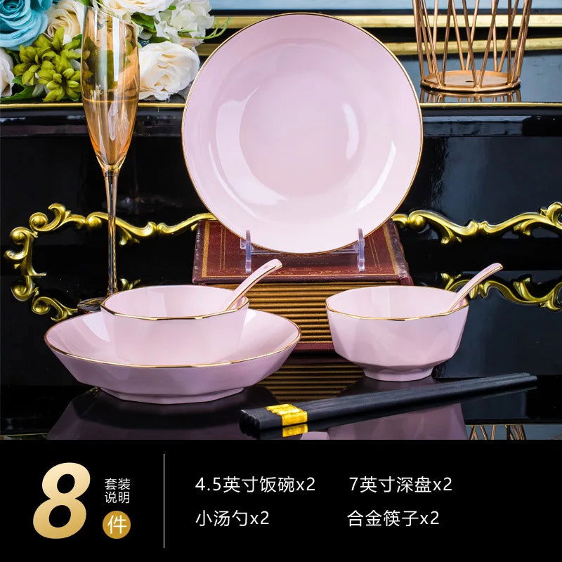 Bowl and dish set, ceramic tableware, powder gold, light luxury, hand-painted diamond bowl - Grand Goldman