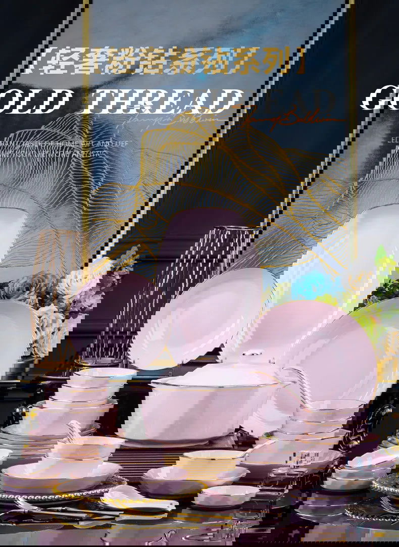 Bowl and dish set, ceramic tableware, powder gold, light luxury, hand-painted diamond bowl - Grand Goldman