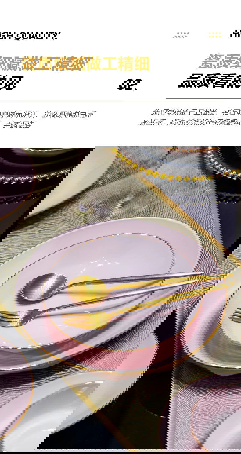 Bowl and dish set, ceramic tableware, powder gold, light luxury, hand-painted diamond bowl - Grand Goldman