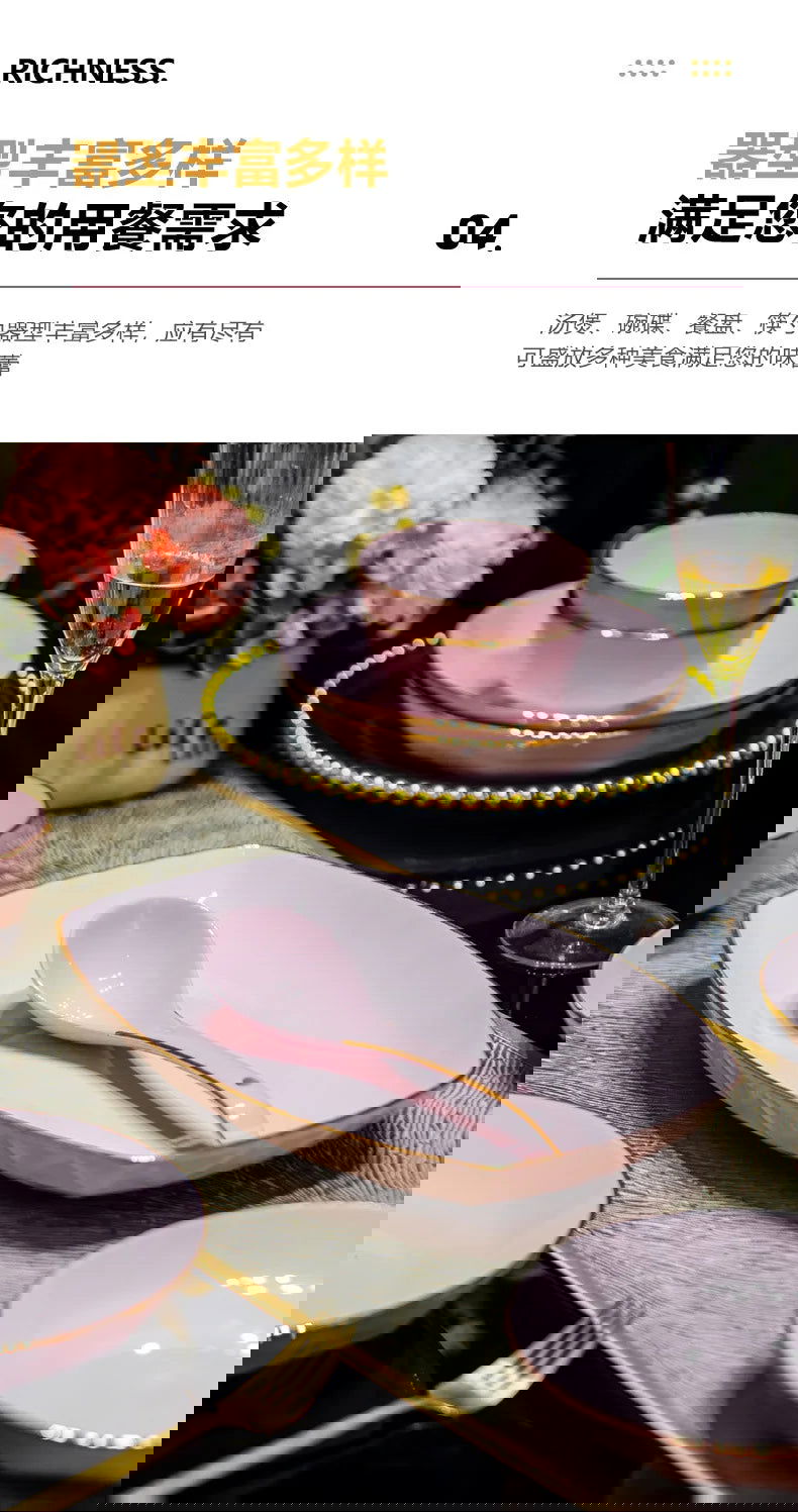 Bowl and dish set, ceramic tableware, powder gold, light luxury, hand-painted diamond bowl - Grand Goldman