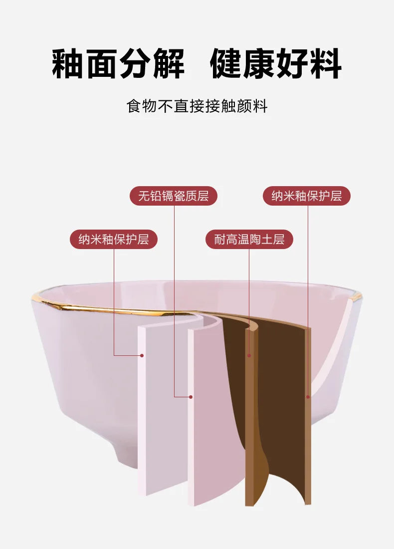 Bowl and dish set, ceramic tableware, powder gold, light luxury, hand-painted diamond bowl - Grand Goldman