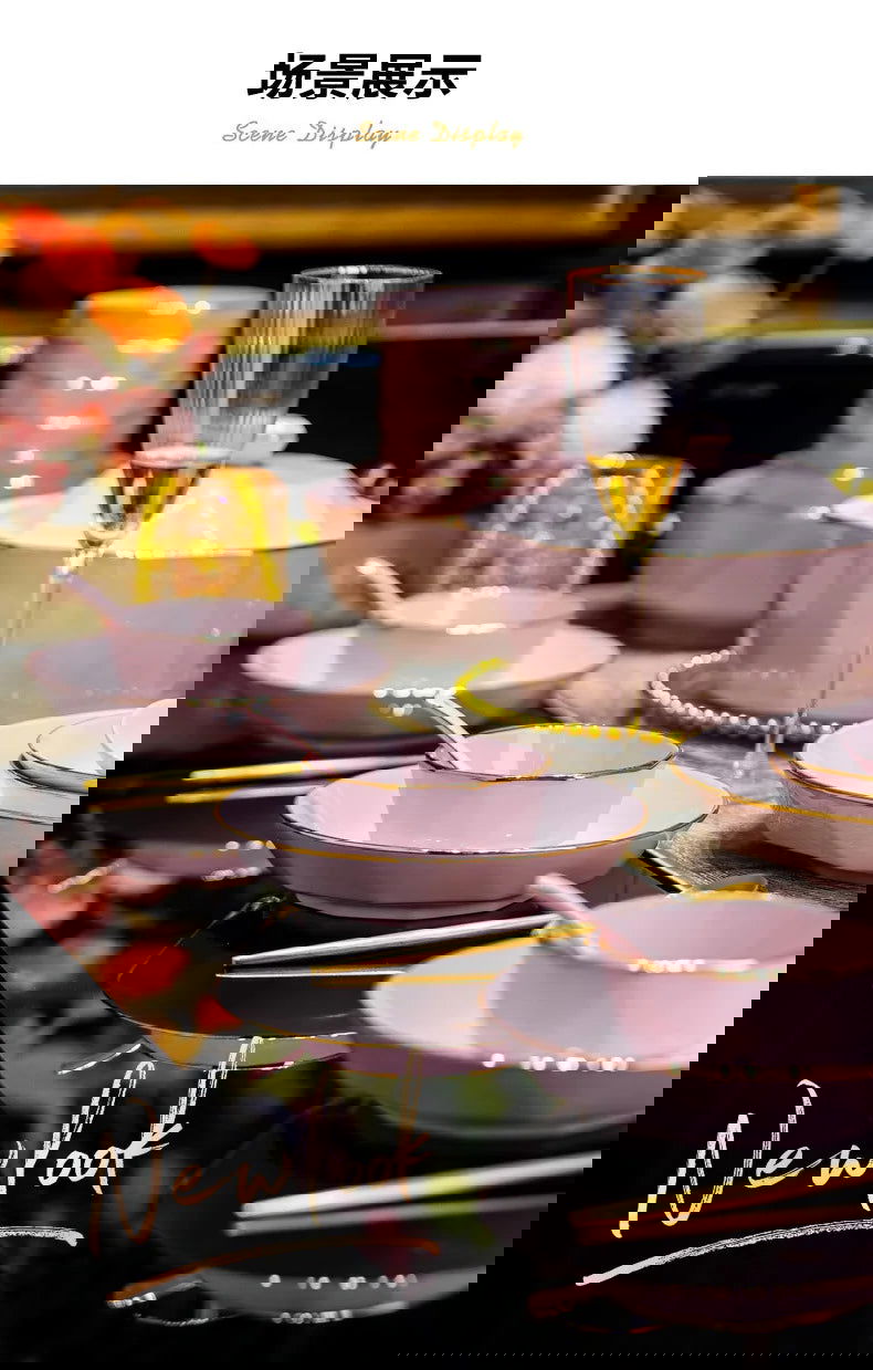 Bowl and dish set, ceramic tableware, powder gold, light luxury, hand-painted diamond bowl - Grand Goldman