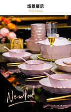 Bowl and dish set, ceramic tableware, powder gold, light luxury, hand-painted diamond bowl - Grand Goldman