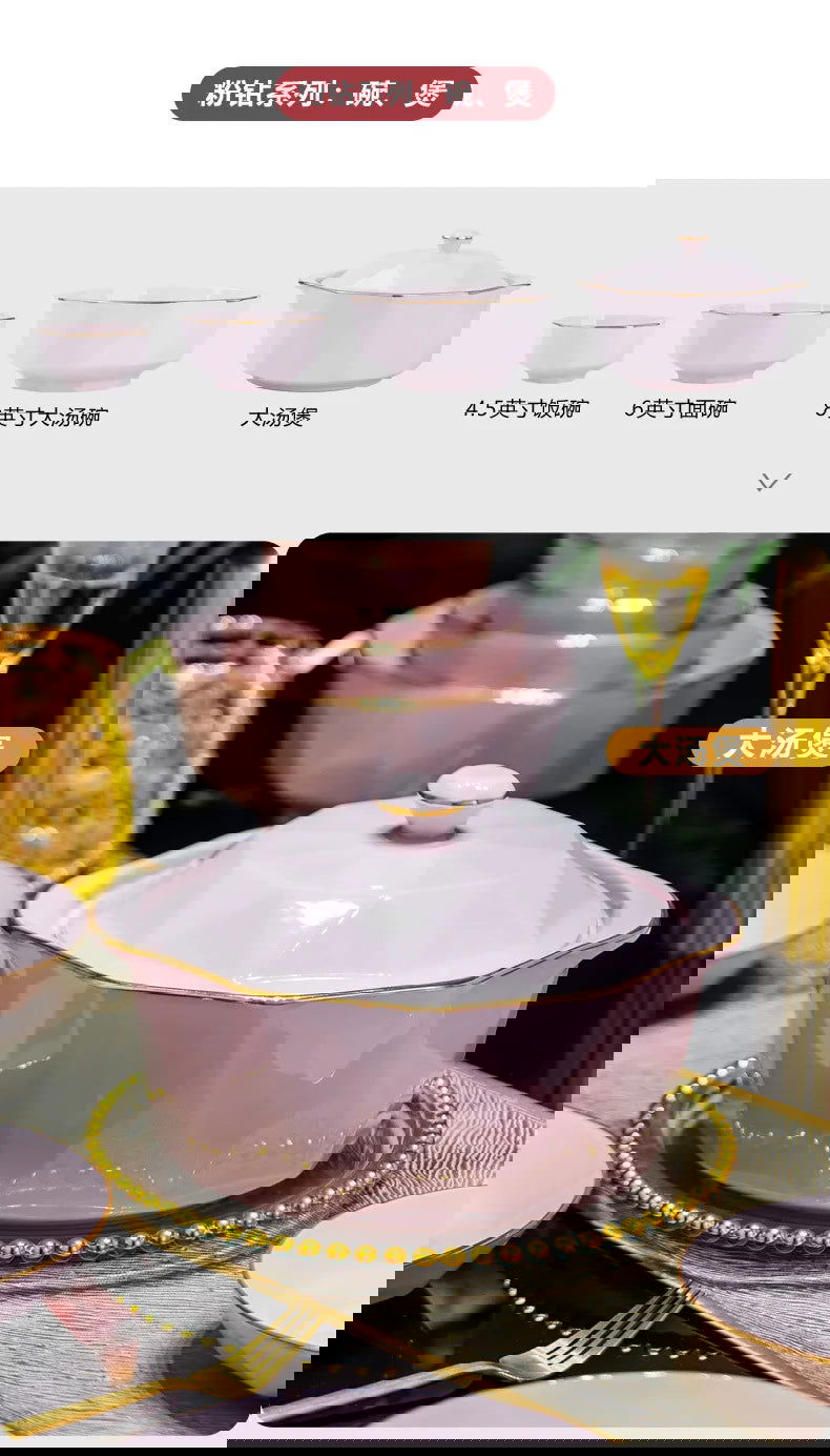 Bowl and dish set, ceramic tableware, powder gold, light luxury, hand-painted diamond bowl - Grand Goldman