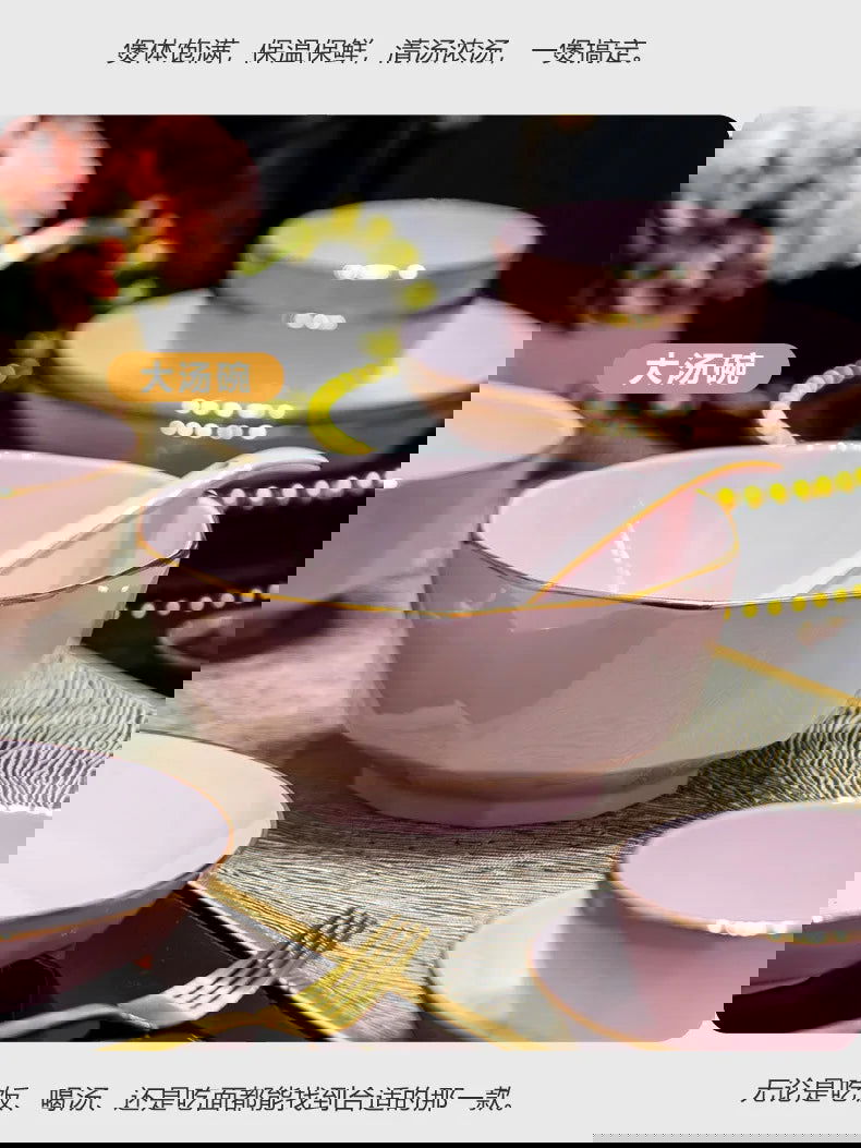 Bowl and dish set, ceramic tableware, powder gold, light luxury, hand-painted diamond bowl - Grand Goldman