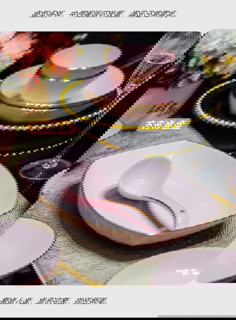 Bowl and dish set, ceramic tableware, powder gold, light luxury, hand-painted diamond bowl - Grand Goldman