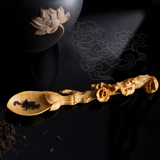 Boxwood Carving Crafts Chinese Zen Tea Sculpted Artisanal Wooden Spoon - Grand Goldman