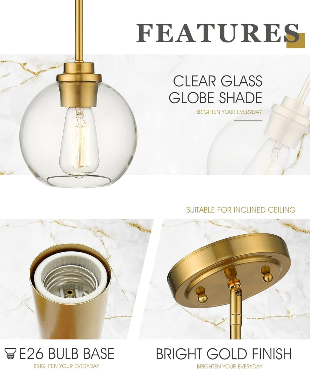 Brass Pendant Lights Kitchen Island 2 Pack, Farmhouse Gold Pendant Light with Clear Glass Globe Shade, Kitchen Island Lighting for Dining Room Entryway, AD-22280-1P2-GD-C - Grand Goldman