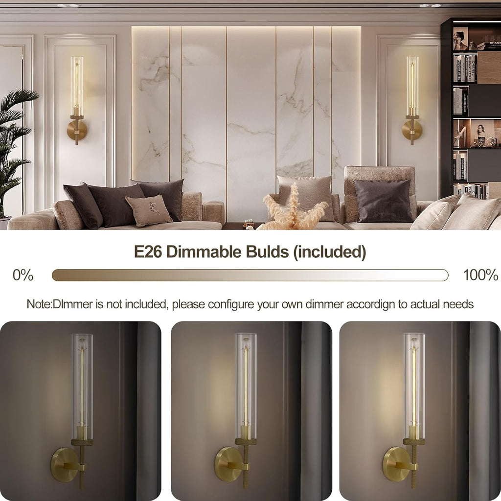 Brass Wall Sconces Set of Two, 19" Knurled Gold Sconces Wall Lighting, Tube Glass Bathroom Sconces Wall Lights for Bedroom Living Room Vanity Sconce Wall Lamp for Hallway, Staircase - Grand Goldman