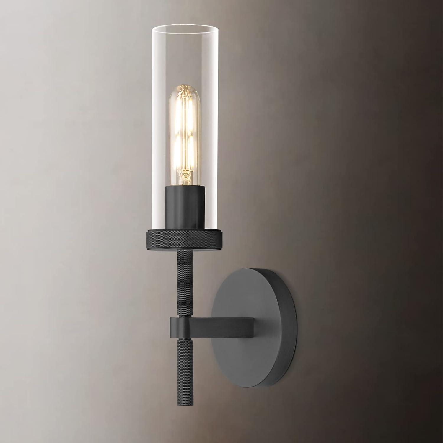 Brass Wall Sconces Set of Two, 19" Knurled Gold Sconces Wall Lighting, Tube Glass Bathroom Sconces Wall Lights for Bedroom Living Room Vanity Sconce Wall Lamp for Hallway, Staircase - Grand Goldman