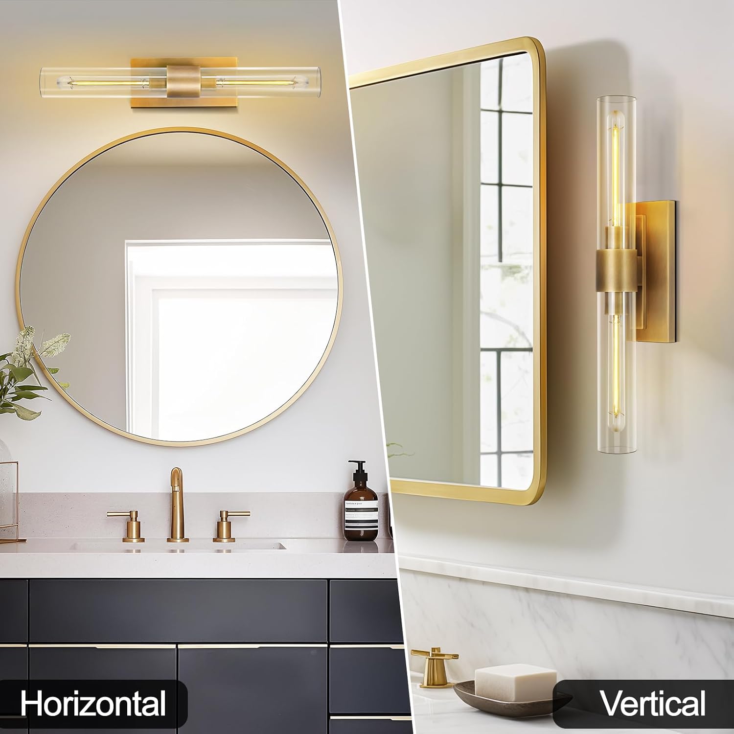 Brass Wall Sconces Set of Two, 22.8" Sconces Wall Lighting 2-Light, Gold Bathroom Vanity Wall Sconces, Glass Tube Wall Sconces, Indoor Wall Sconces for Bathroom, Bedroom, Vanity, Hallway - Grand Goldman