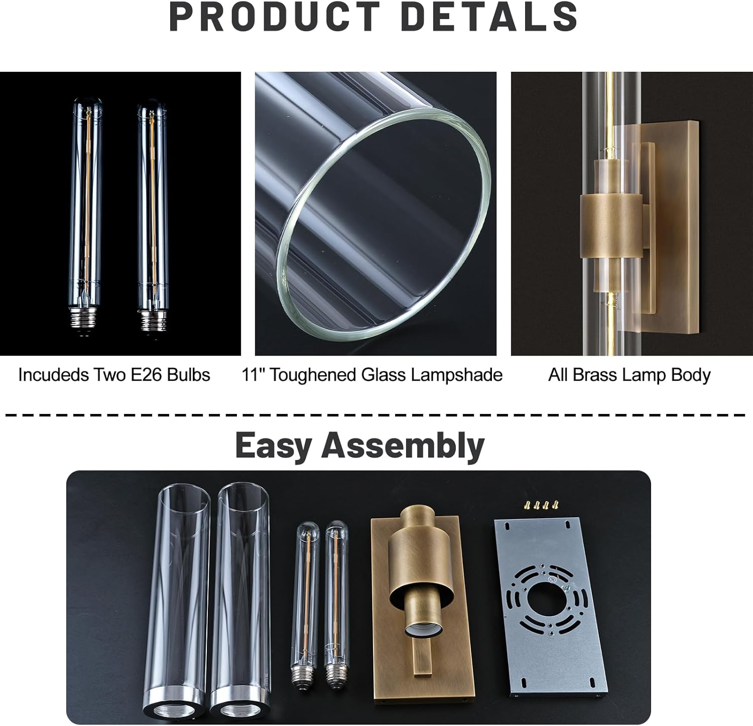 Brass Wall Sconces Set of Two, 22.8" Sconces Wall Lighting 2-Light, Gold Bathroom Vanity Wall Sconces, Glass Tube Wall Sconces, Indoor Wall Sconces for Bathroom, Bedroom, Vanity, Hallway - Grand Goldman