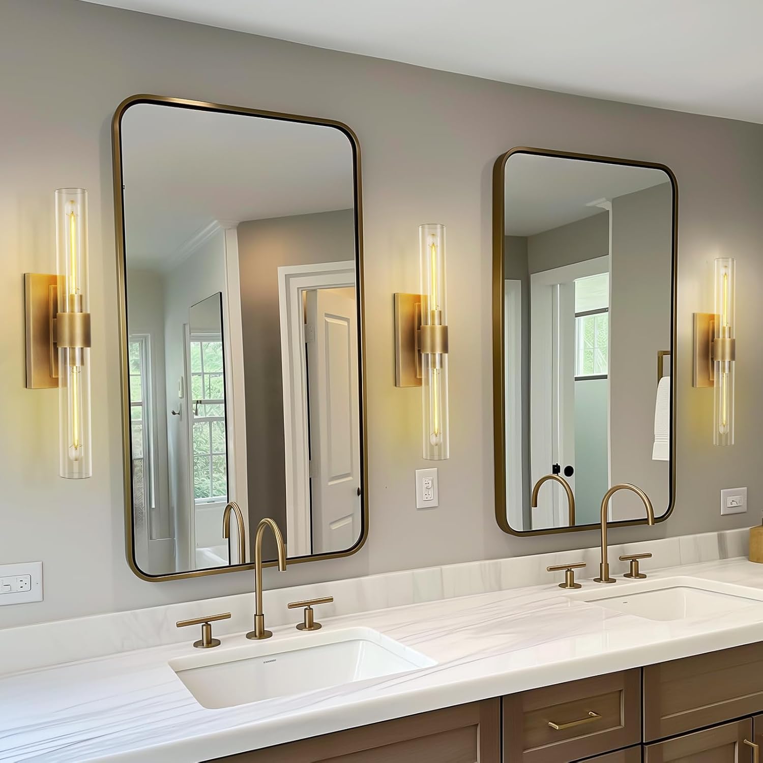 Brass Wall Sconces Set of Two, 22.8" Sconces Wall Lighting 2-Light, Gold Bathroom Vanity Wall Sconces, Glass Tube Wall Sconces, Indoor Wall Sconces for Bathroom, Bedroom, Vanity, Hallway - Grand Goldman