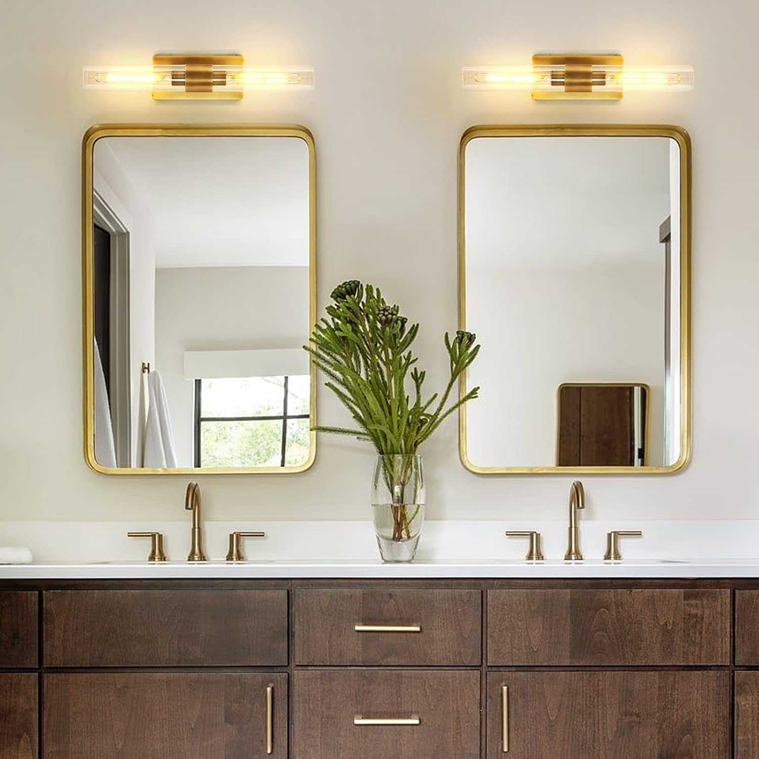 Brass Wall Sconces Set of Two, 22.8" Sconces Wall Lighting 2-Light, Gold Bathroom Vanity Wall Sconces, Glass Tube Wall Sconces, Indoor Wall Sconces for Bathroom, Bedroom, Vanity, Hallway - Grand Goldman
