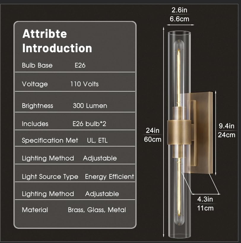 Brass Wall Sconces Set of Two, 22.8" Sconces Wall Lighting 2-Light, Gold Bathroom Vanity Wall Sconces, Glass Tube Wall Sconces, Indoor Wall Sconces for Bathroom, Bedroom, Vanity, Hallway - Grand Goldman