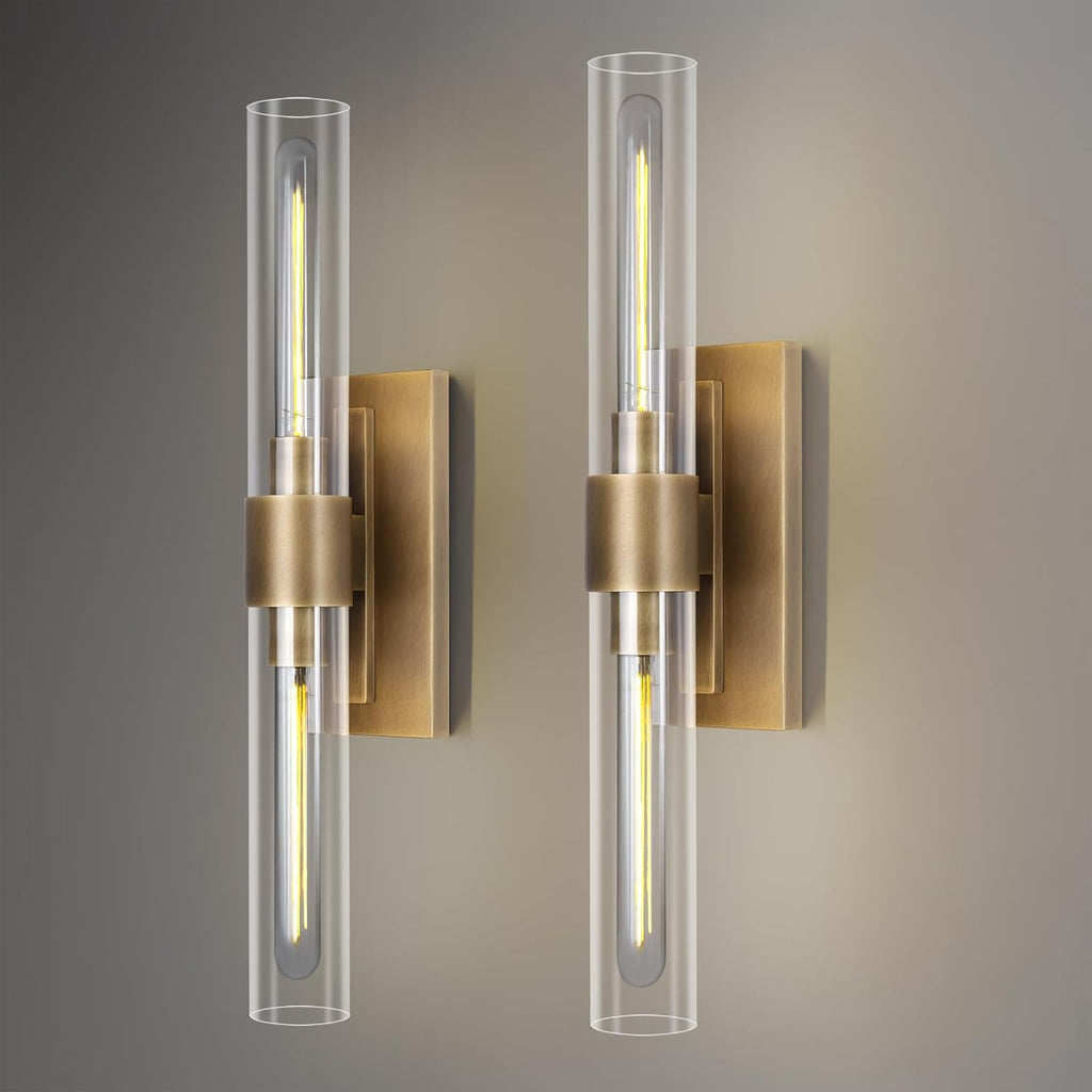 Brass Wall Sconces Set of Two, 22.8" Sconces Wall Lighting 2-Light, Gold Bathroom Vanity Wall Sconces, Glass Tube Wall Sconces, Indoor Wall Sconces for Bathroom, Bedroom, Vanity, Hallway - Grand Goldman
