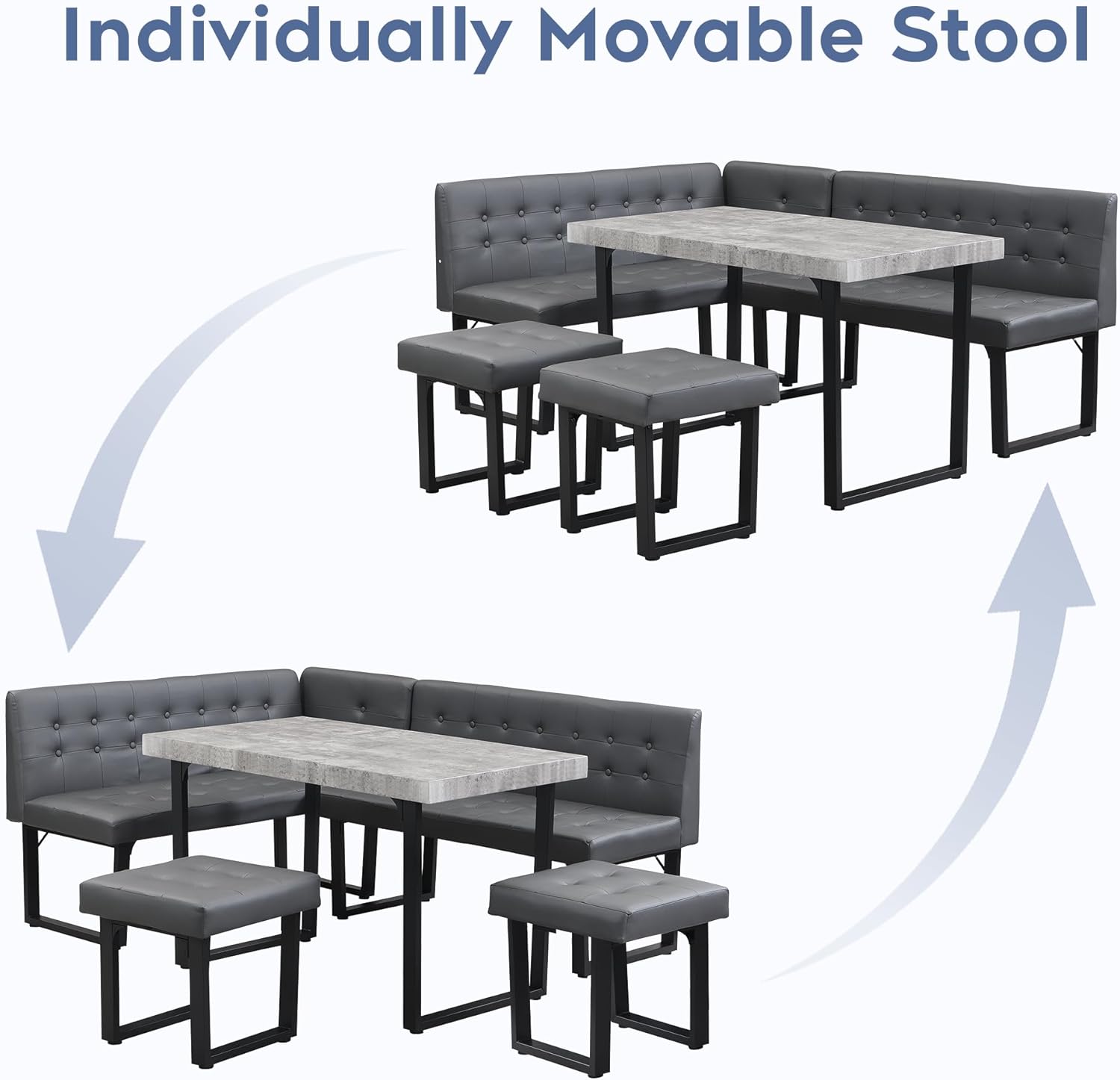 Breakfast Nook Table Set with Gray Upholstered Banquette Seating, 71.6 Inch Modern Corner Dining Table Set with Storage Bench,5 Piece Dining Table Set Corner Booth for Kitchen and Dining Room - Grand Goldman