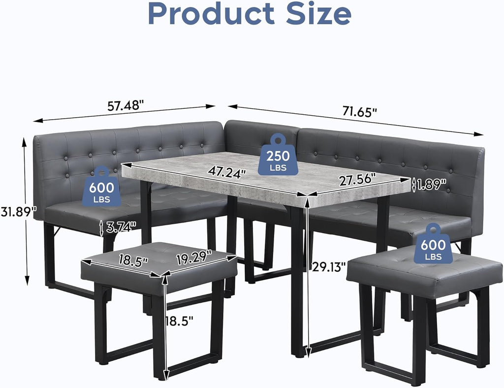 Breakfast Nook Table Set with Gray Upholstered Banquette Seating, 71.6 Inch Modern Corner Dining Table Set with Storage Bench,5 Piece Dining Table Set Corner Booth for Kitchen and Dining Room - Grand Goldman