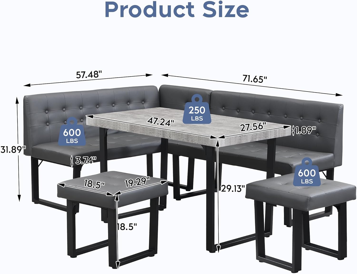 Breakfast Nook Table Set with Gray Upholstered Banquette Seating, 71.6 Inch Modern Corner Dining Table Set with Storage Bench,5 Piece Dining Table Set Corner Booth for Kitchen and Dining Room - Grand Goldman