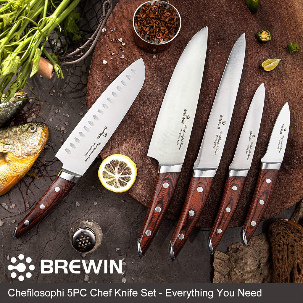 Brewin CHEFILOSOPHI Japanese Chef Knife Set 5 PCS with Elegant Red Pakkawood Handle Ergonomic Design,Professional Ultra Sharp Kitchen Knives for Cooking High Carbon Stainless Steel - Grand Goldman
