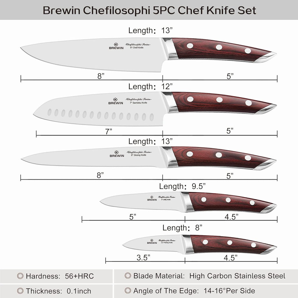 Brewin CHEFILOSOPHI Japanese Chef Knife Set 5 PCS with Elegant Red Pakkawood Handle Ergonomic Design,Professional Ultra Sharp Kitchen Knives for Cooking High Carbon Stainless Steel - Grand Goldman