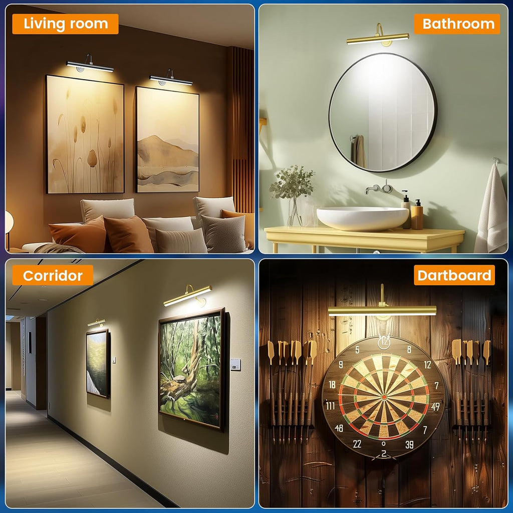 Bridika Picture Light Battery Operated, Picture Light for Wall with Remote, 3 Color Modes and Dimmable Classic Art Lights for Paintings, Gallery, Dartboard, Bedroom, Bathroom with Timer Gold 1 - Grand Goldman