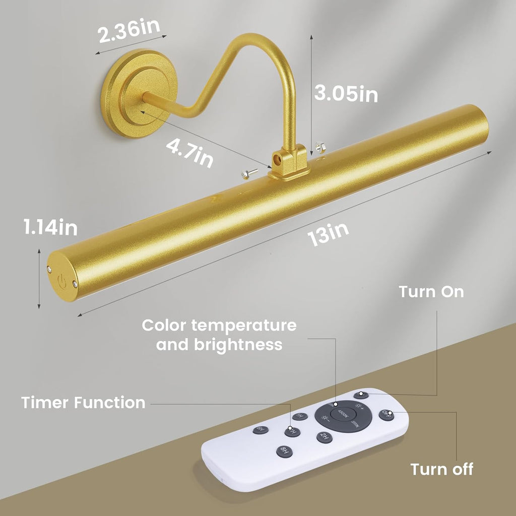 Bridika Picture Light Battery Operated, Picture Light for Wall with Remote, 3 Color Modes and Dimmable Classic Art Lights for Paintings, Gallery, Dartboard, Bedroom, Bathroom with Timer Gold 1 - Grand Goldman