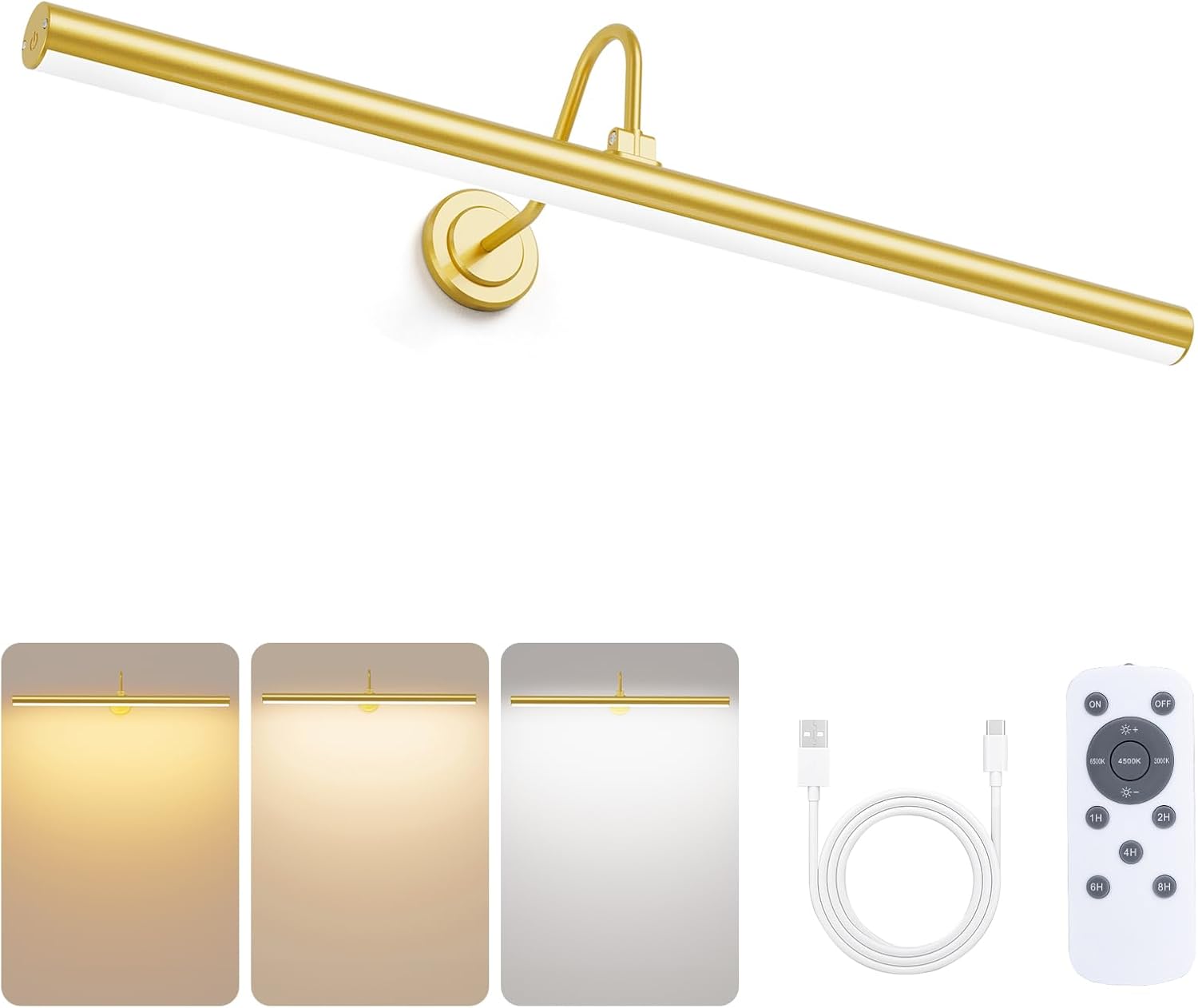 Bridika Picture Lights for Wall Battery Operated, 23.6in Picture Light with Remote, 3 Color Modes and Dimmable Classic Art Light for Paintings, Gallery, Dartboard, Bathroom with Timer (Gold, 1 Pack) - Grand Goldman