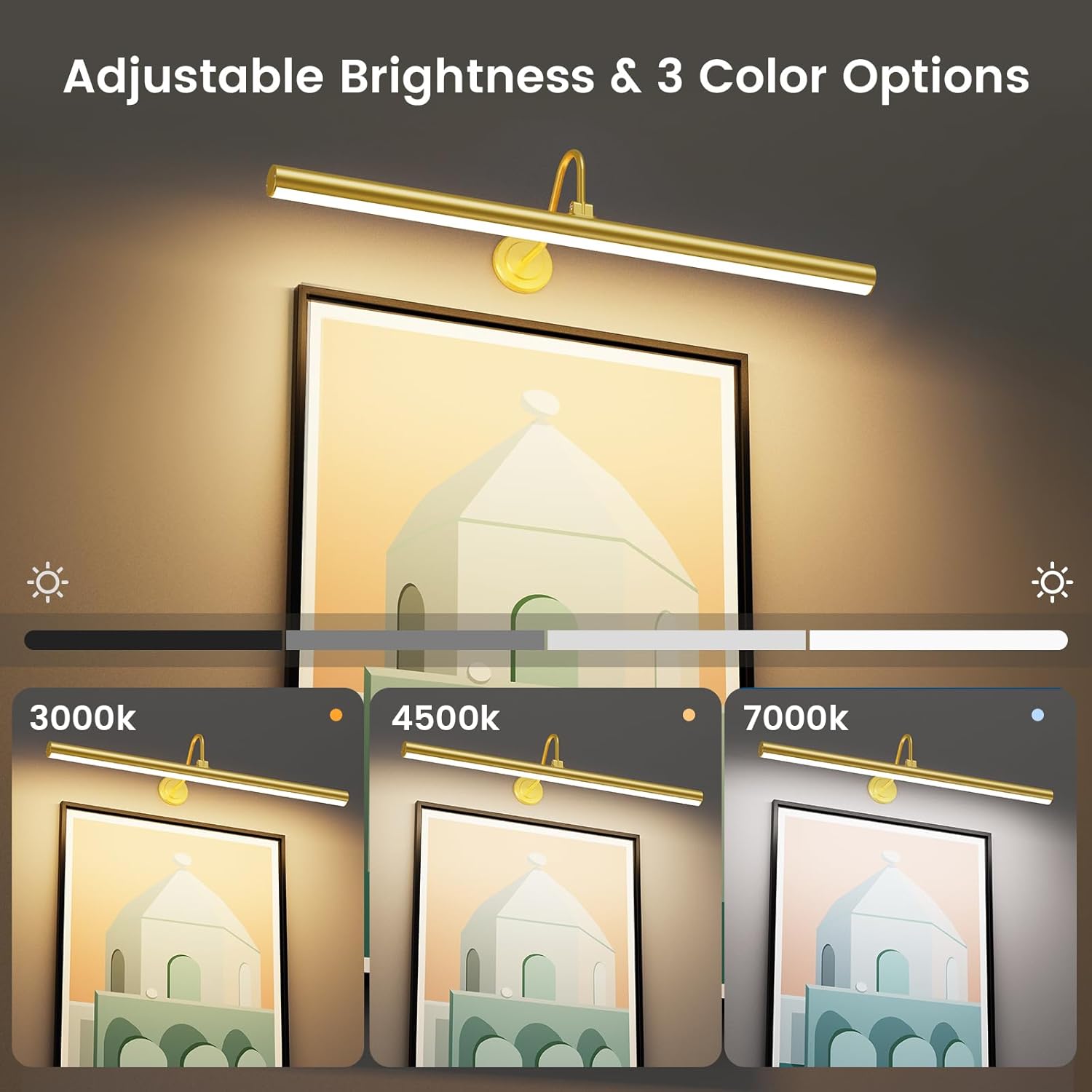 Bridika Picture Lights for Wall Battery Operated, 23.6in Picture Light with Remote, 3 Color Modes and Dimmable Classic Art Light for Paintings, Gallery, Dartboard, Bathroom with Timer (Gold, 1 Pack) - Grand Goldman