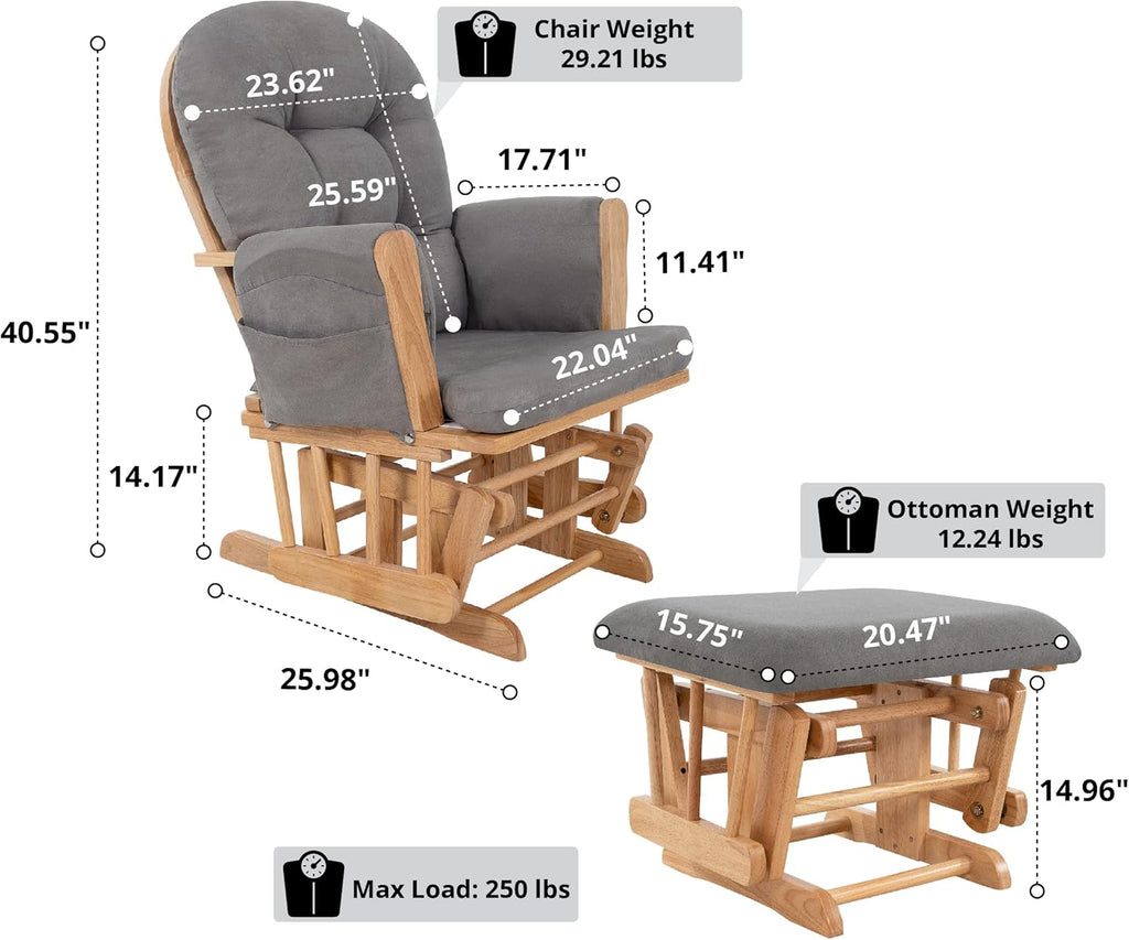 Brisbane Nursery Glider & Ottoman Sets, Glider Recliner Nursery Rocking Chair Nursery Glider Rocker with Ottoman, Reclining Gliders & Chairs for Breastfeeding, Maternity, Napping, Pecan/Dark Gray - Grand Goldman