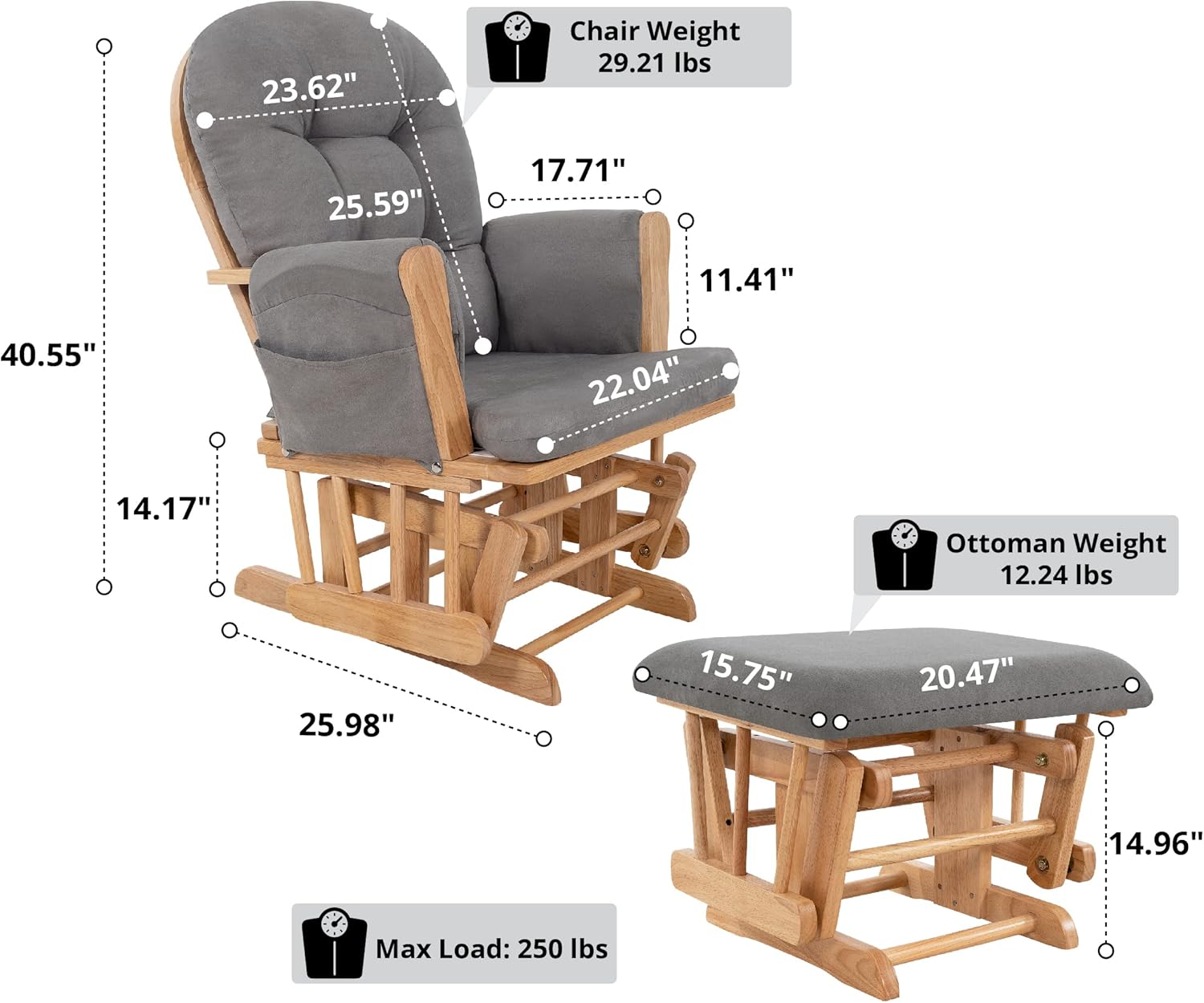 Brisbane Nursery Glider & Ottoman Sets, Glider Recliner Nursery Rocking Chair Nursery Glider Rocker with Ottoman, Reclining Gliders & Chairs for Breastfeeding, Maternity, Napping, Pecan/Dark Gray - Grand Goldman
