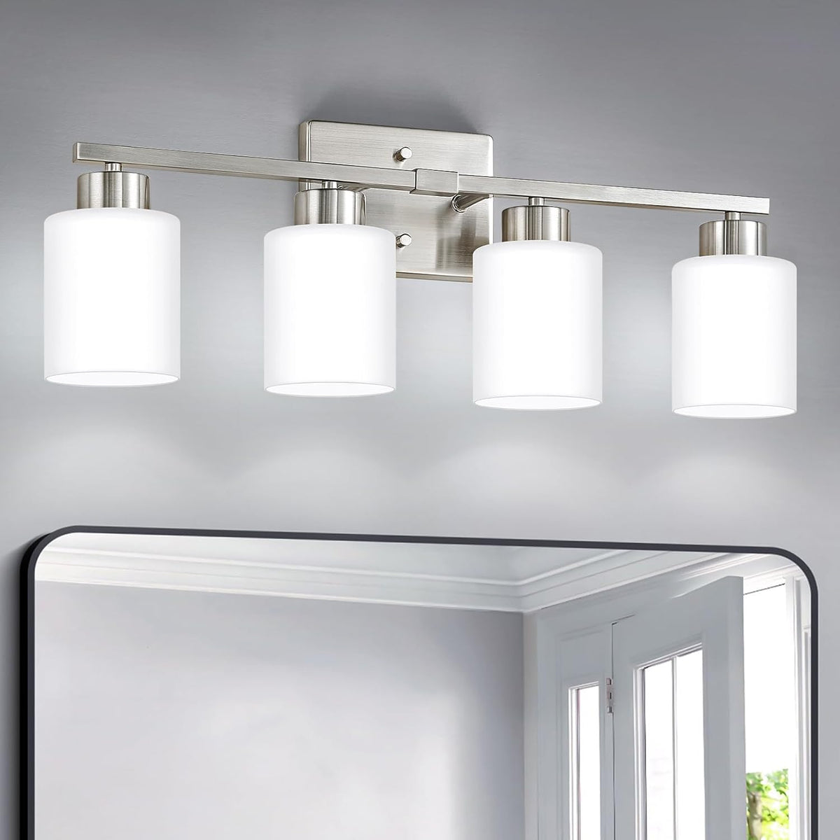 Brushed Nickel Bathroom Light Fixtures, 3-Light Modern Vanity Light Over Mirror, Wall Sconces with Milky White Frosted Glass Shades, E26 Socket (Bulbs Not Included) - Grand Goldman