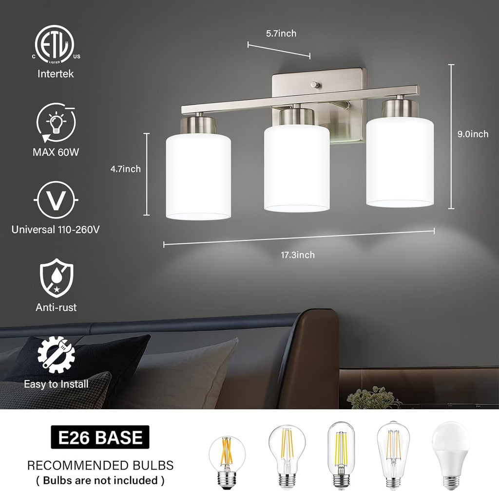 Brushed Nickel Bathroom Light Fixtures, 3-Light Modern Vanity Light Over Mirror, Wall Sconces with Milky White Frosted Glass Shades, E26 Socket (Bulbs Not Included) - Grand Goldman