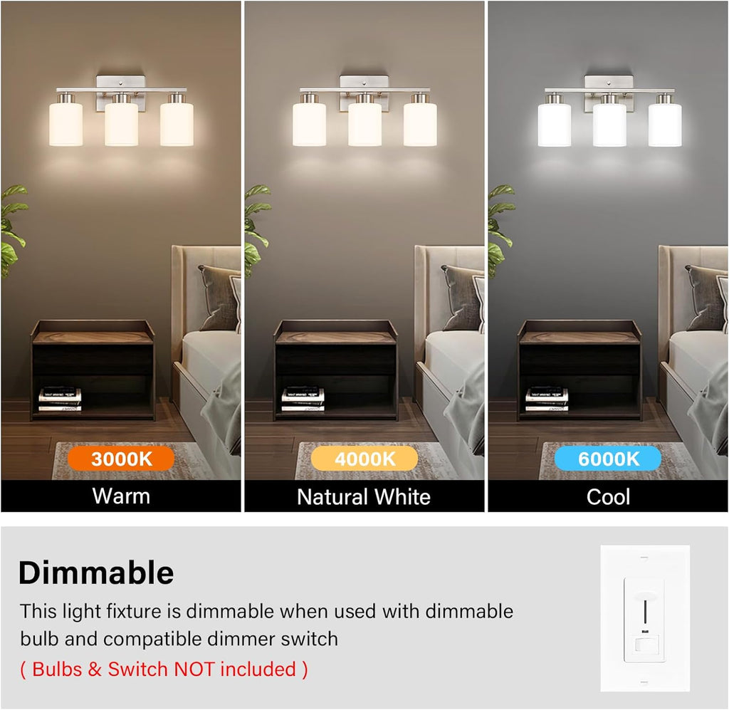 Brushed Nickel Bathroom Light Fixtures, 3-Light Modern Vanity Light Over Mirror, Wall Sconces with Milky White Frosted Glass Shades, E26 Socket (Bulbs Not Included) - Grand Goldman