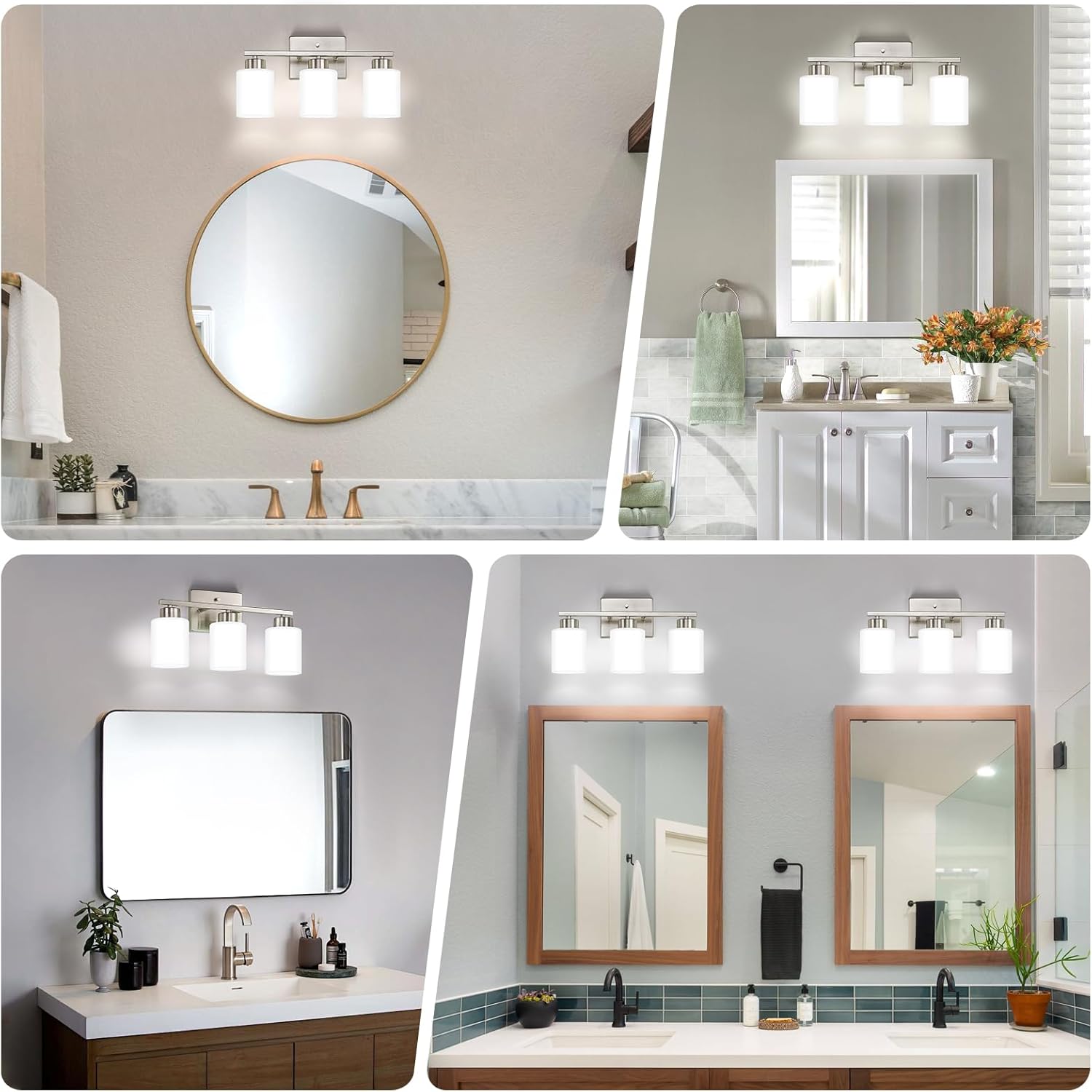 Brushed Nickel Bathroom Light Fixtures, 3-Light Modern Vanity Light Over Mirror, Wall Sconces with Milky White Frosted Glass Shades, E26 Socket (Bulbs Not Included) - Grand Goldman