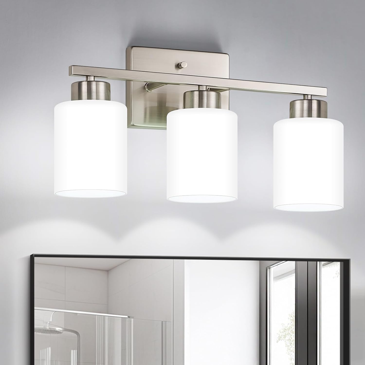 Brushed Nickel Bathroom Light Fixtures, 3-Light Modern Vanity Light Over Mirror, Wall Sconces with Milky White Frosted Glass Shades, E26 Socket (Bulbs Not Included) - Grand Goldman