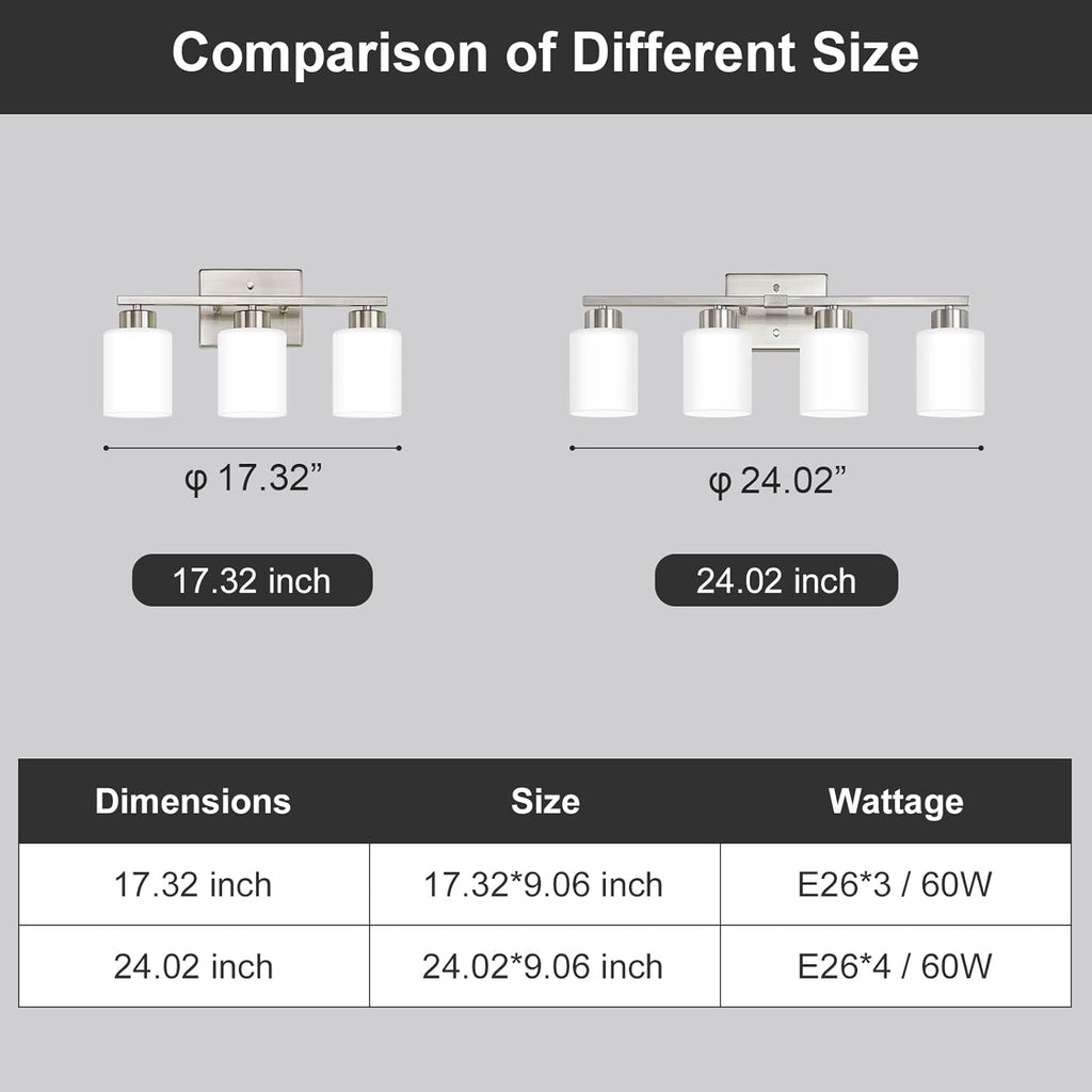 Brushed Nickel Bathroom Light Fixtures, 3-Light Modern Vanity Light Over Mirror, Wall Sconces with Milky White Frosted Glass Shades, E26 Socket (Bulbs Not Included) - Grand Goldman