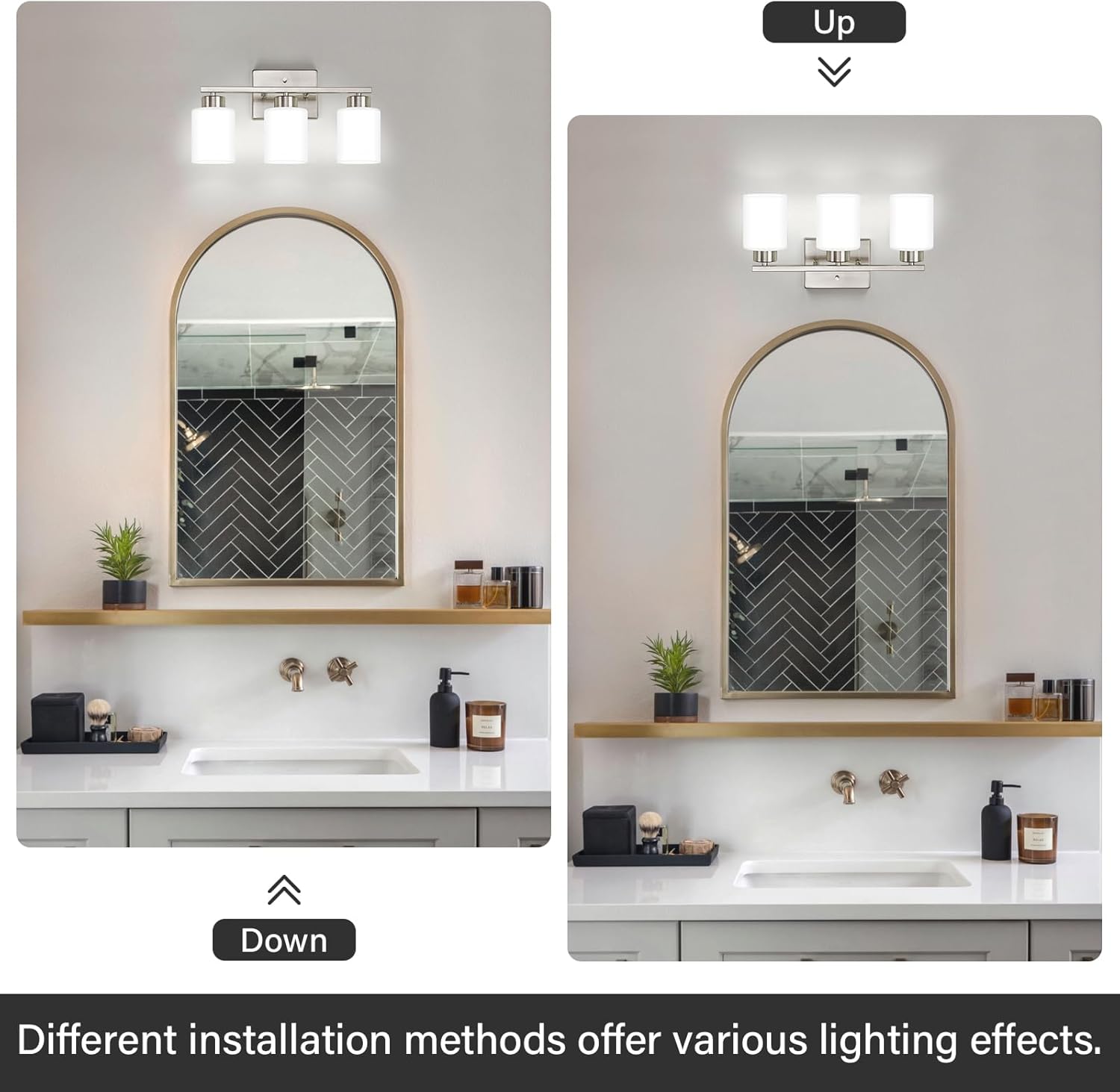 Brushed Nickel Bathroom Light Fixtures, 3-Light Modern Vanity Light Over Mirror, Wall Sconces with Milky White Frosted Glass Shades, E26 Socket (Bulbs Not Included) - Grand Goldman