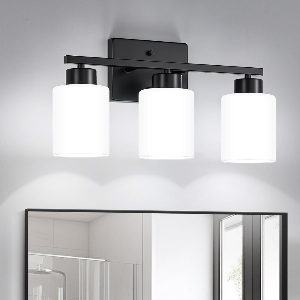 Brushed Nickel Bathroom Light Fixtures, 3-Light Modern Vanity Light Over Mirror, Wall Sconces with Milky White Frosted Glass Shades, E26 Socket (Bulbs Not Included) - Grand Goldman