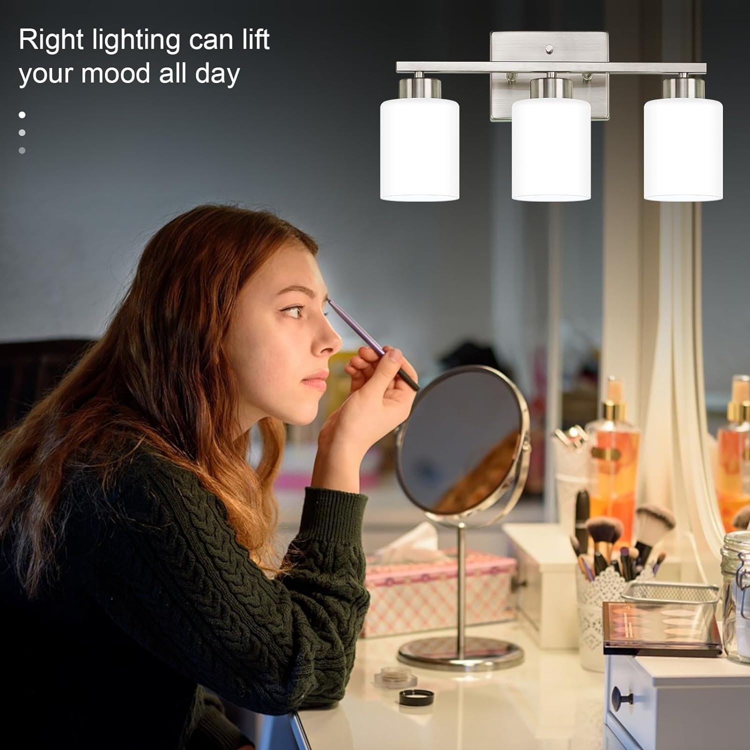 Brushed Nickel Bathroom Light Fixtures, 3-Light Modern Vanity Light Over Mirror, Wall Sconces with Milky White Frosted Glass Shades, E26 Socket (Bulbs Not Included) - Grand Goldman