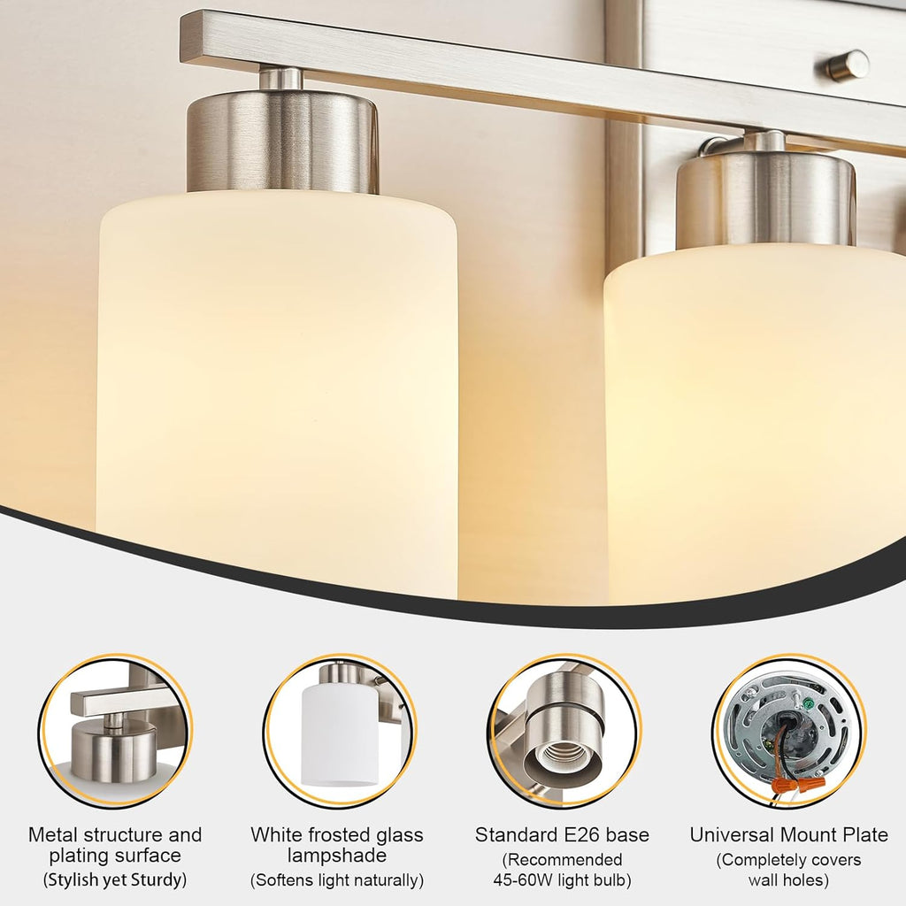 Brushed Nickel Bathroom Light Fixtures, 3-Light Modern Vanity Light Over Mirror, Wall Sconces with Milky White Frosted Glass Shades, E26 Socket (Bulbs Not Included) - Grand Goldman