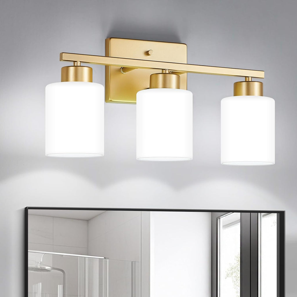 Brushed Nickel Bathroom Light Fixtures, 3-Light Modern Vanity Light Over Mirror, Wall Sconces with Milky White Frosted Glass Shades, E26 Socket (Bulbs Not Included) - Grand Goldman